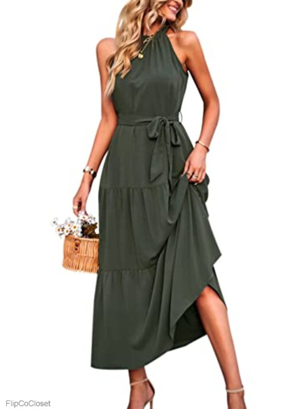 Women's Halter Neck Sleeveless Maxi Dress - Empire Waist
